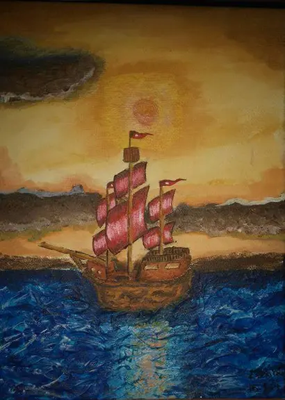pintura de una carabela en mares agitados